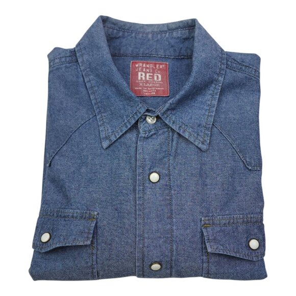 Mens Wrangler Jeans Co. Red Long Sleeve Denim Pearl Snap Shirt XL - Picture 10 of 10